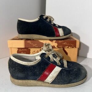 Vintage Lazy Bones Blue Suede Stripe Sneaker Look Size 7.5 M Orig Box Well Loved